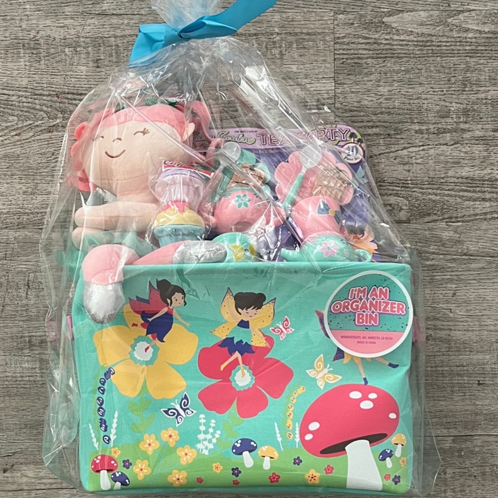 Girls GIFT BASKET - Plushy Mermaid doll + Teal Organizer Bin + teaset - Toddler